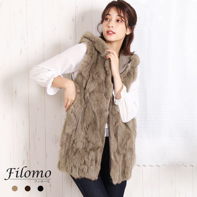 ラビット ファー ニット ベスト レディース 秋冬 フード付き Filomo 7F