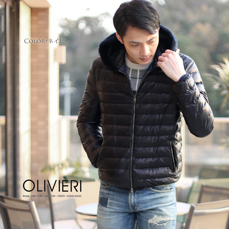 OLIVIERI [オリヴィエリ] ラムレザー ダウンジャケット ムートントリム フード付き  イタリア ブランド