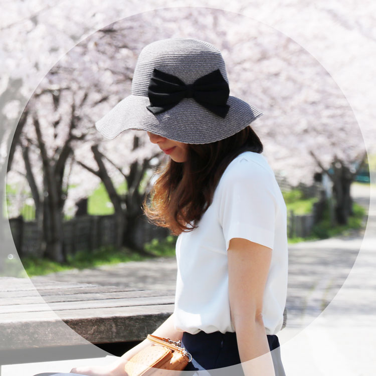 日本製紙糸使用 ペーパーハット 帽子 つば広 リボン