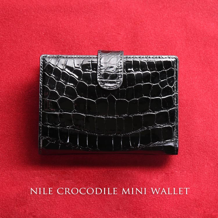 ナイル クロコダイル ミニ 財布 キャッシュレス 二つ折り メンズ 本革 ブラック
