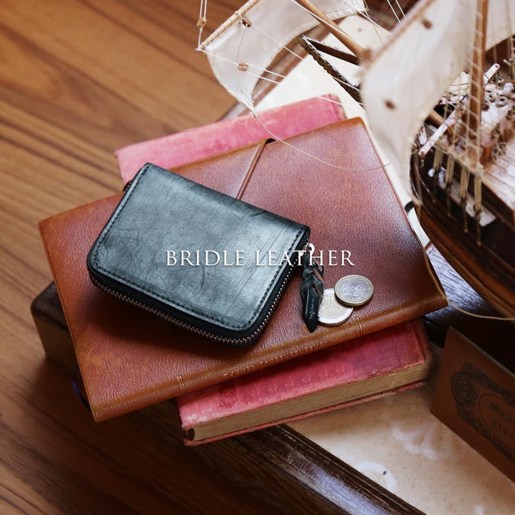 ブライドルレザー 本革 ミニ財布 一枚革 ラウンドファスナー キャッシュレス コンパクト 財布