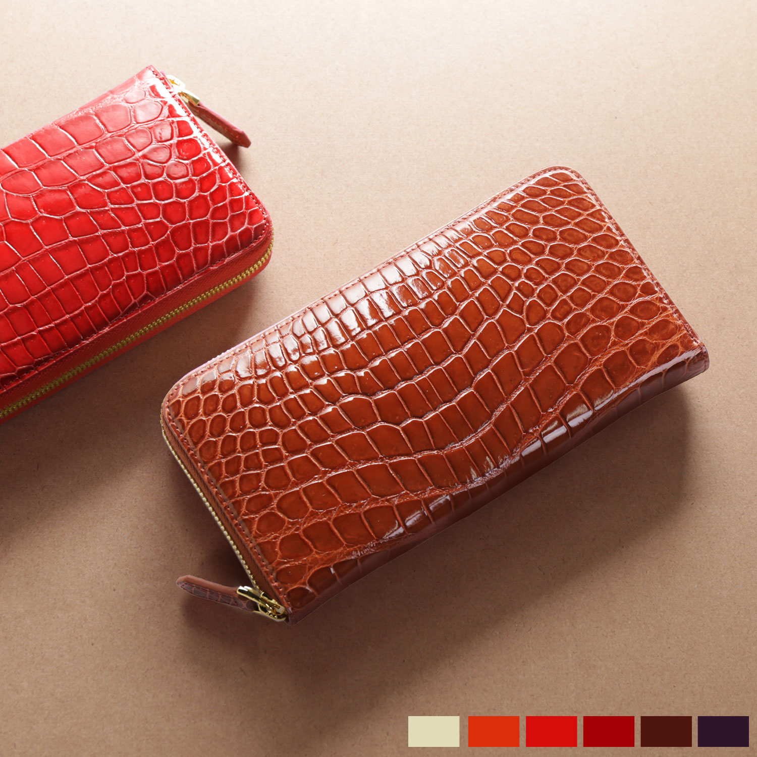 クロコダイル 財布 本物 シャイニング加工 ピンク ヘンローン社製