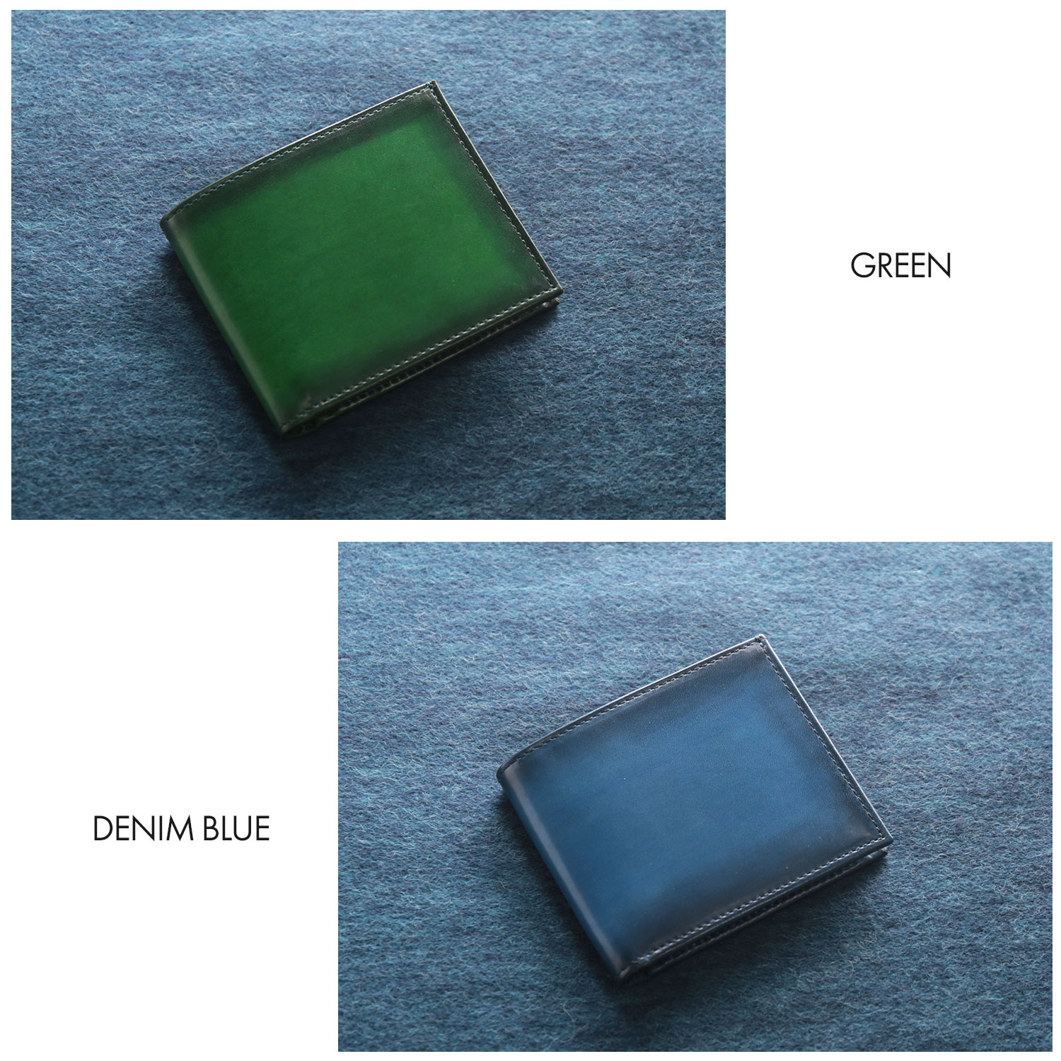 イタリア製本革折り財布緑/青