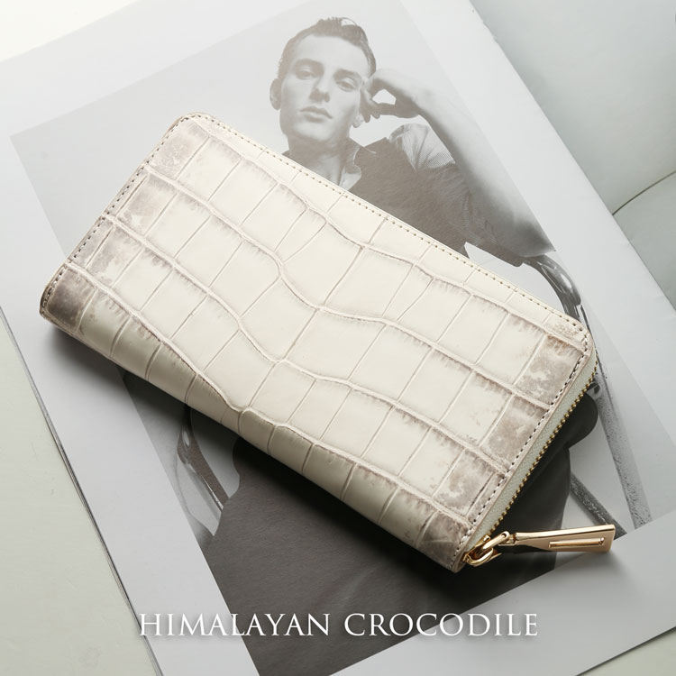 ヒマラヤクロコダイル 長財布 ラウンドファスナー ゴールドファスナー 白 鰐革 財布 ヒマラヤ