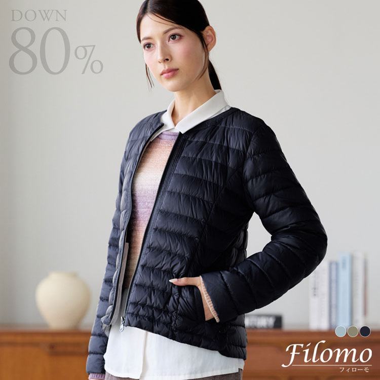 Filomo ダウン ジャケット レディース 軽量 ノーカラー 丸襟 ライトダウン