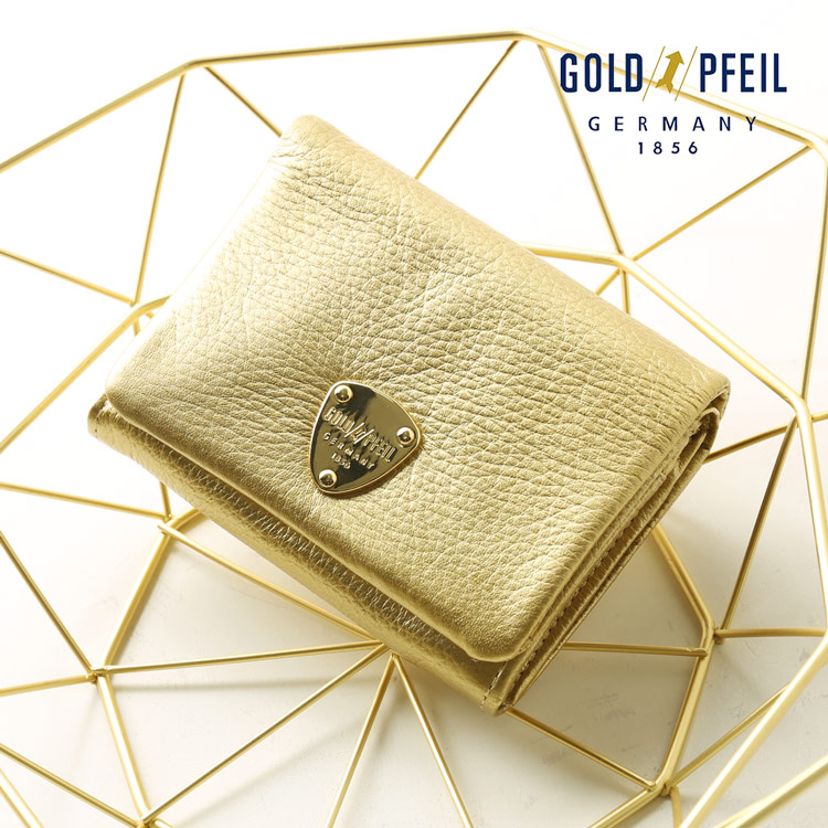 本革 コンパクト財布 折り財布 GOLD PFEIL ゴールド 金色 金運 ミニ財布 金 ゴールド 金色 金運 財布 金