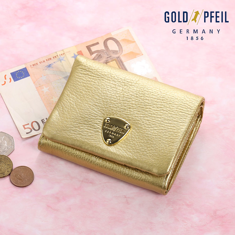 本革 コンパクト財布 折り財布 GOLD PFEIL ゴールド 金色 金運 ミニ財布 金 ゴールド 金色 金運 財布 金