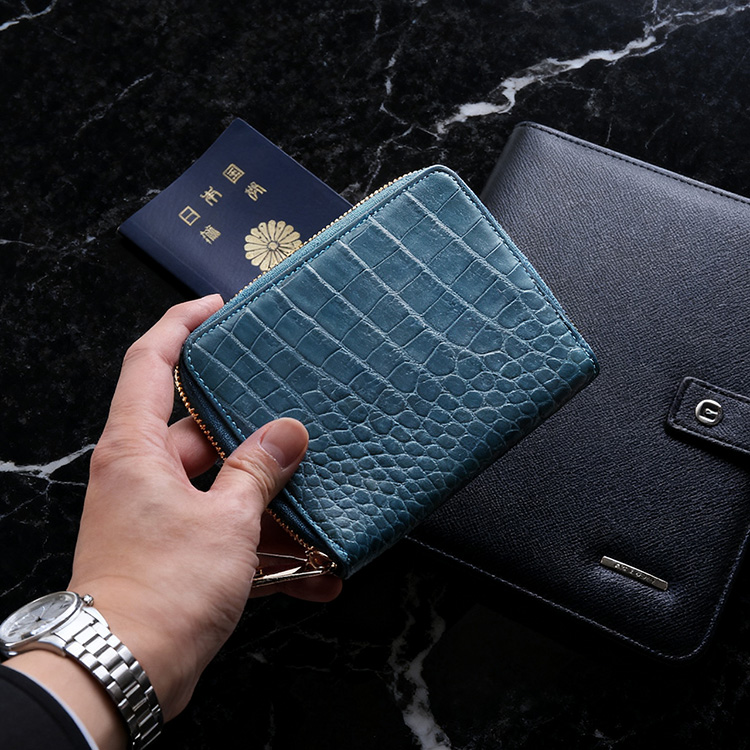 クロコダイル マット ラウンドファスナー 多機能財布 オーガナイザー カードケース