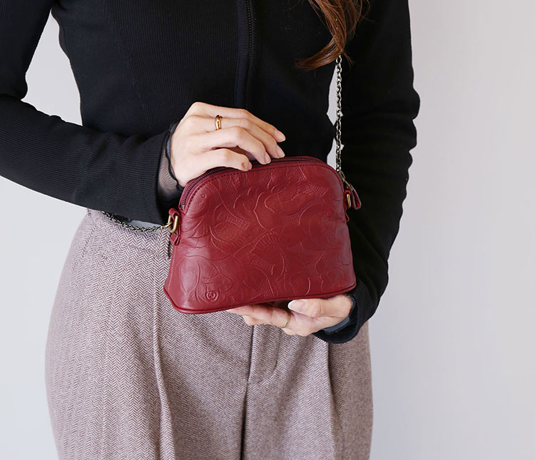 jamale 牛革 ミニショルダーバッグ チェーンショルダー ポーチ 花柄 型押し 日本製 (07000683r)