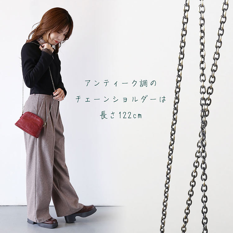 jamale 牛革 ミニショルダーバッグ チェーンショルダー ポーチ 花柄 型押し 日本製 (07000683r)