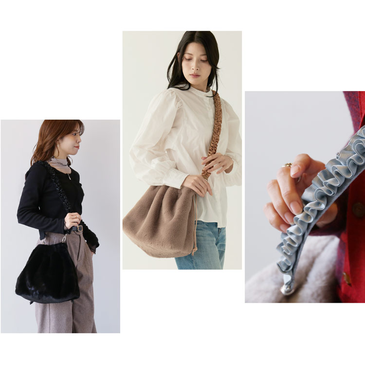 ファーバッグ レディース エコファー 巾着バッグ ショルダーバッグ フリル フェイクファー