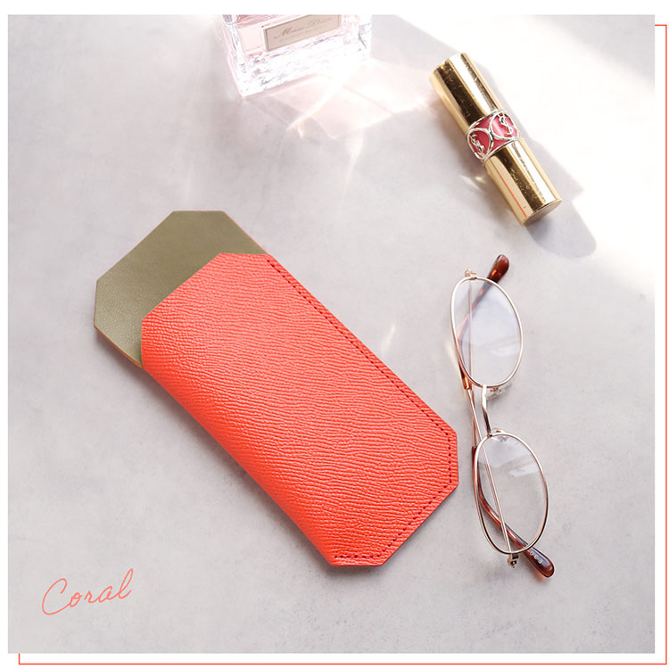 明るい コーラル 本革 スリム メガネケース
