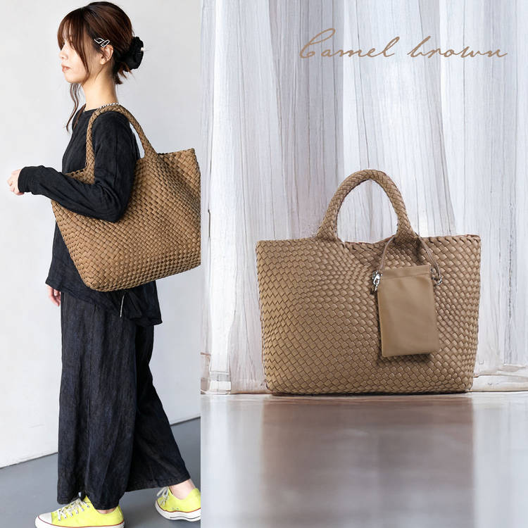 ミエノ編込みトートバッグ大きめ キャメルブラウン