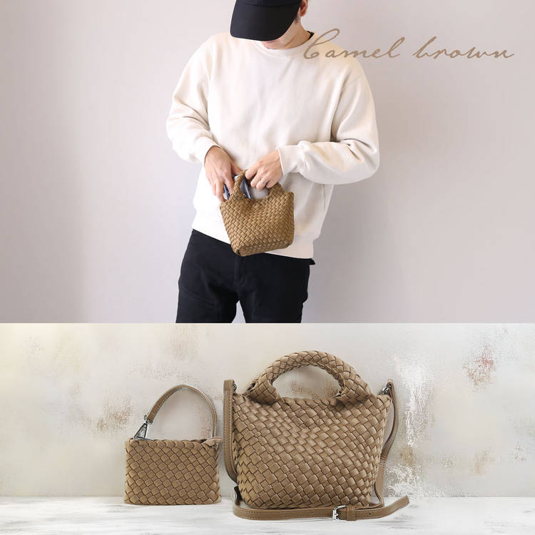ミエノ編込みトートバッグ小さめ キャメルブラウン