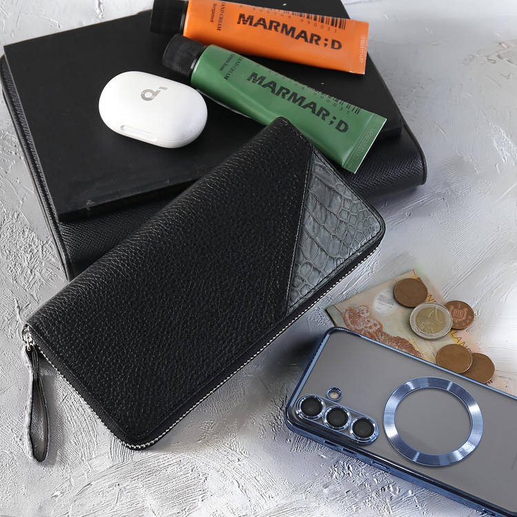 イタリア牛革＆スモールクロコダイルラウンド長財布