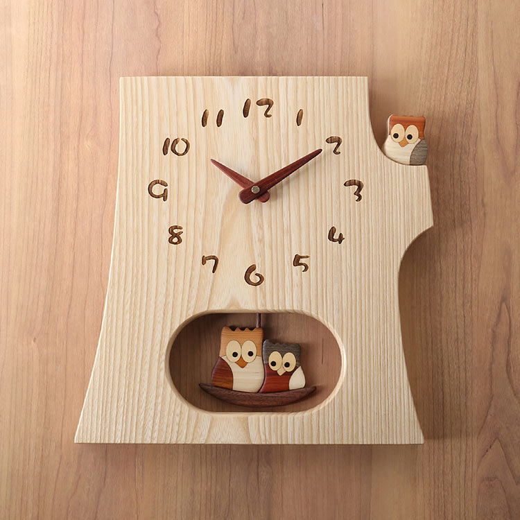 時計 掛け時計 振り子時計 天然木 木製 切り株 ふくろう 文字盤 セン ウォールナット