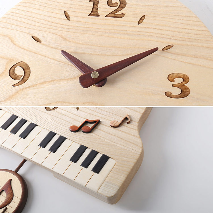掛け時計 木製 ピアノデザイン 天然木 無着色 ウォールナット 木目