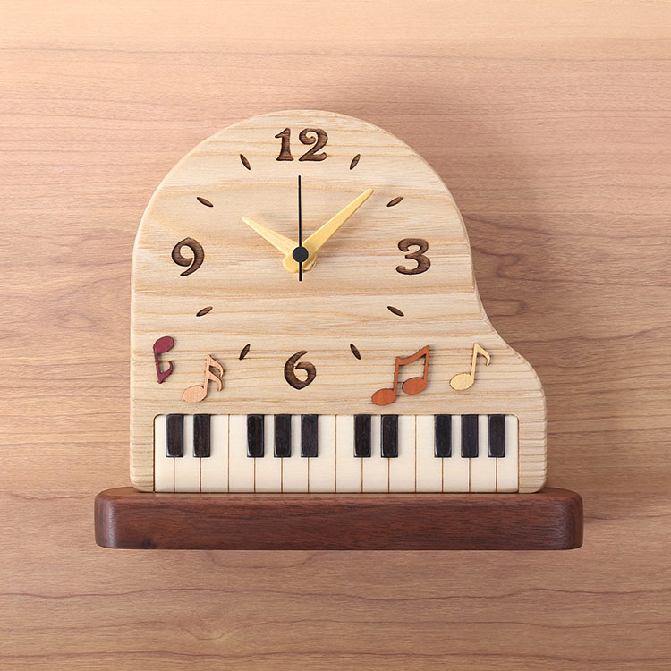 置時計 木製 ピアノデザイン 天然木 無着色 ウォールナット 木目