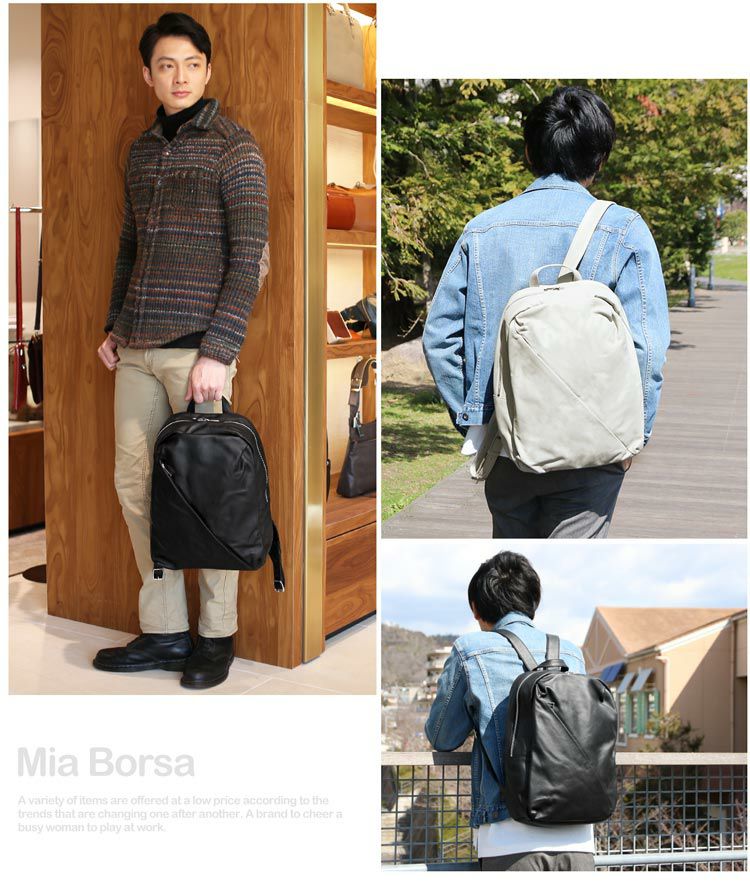 Mia Borsa 本革リュック Mia Borsa 斜めファスナー リュック 本革 メンズ 5F