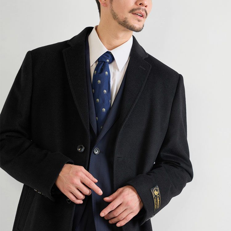 カシミヤ100%メンズチェスターコートブラック