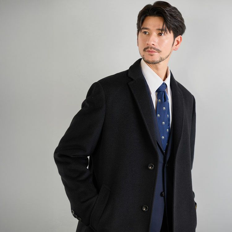 カシミヤ100%メンズチェスターコートブラック