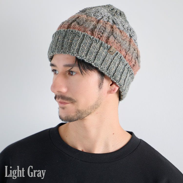 ニット帽イタリア糸ポンポン付き帽子メンズ厚手ライトグレー