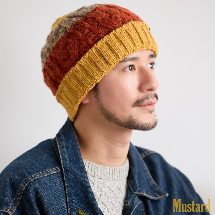 ニット帽イタリア糸ポンポン付き帽子メンズ厚手マスタード