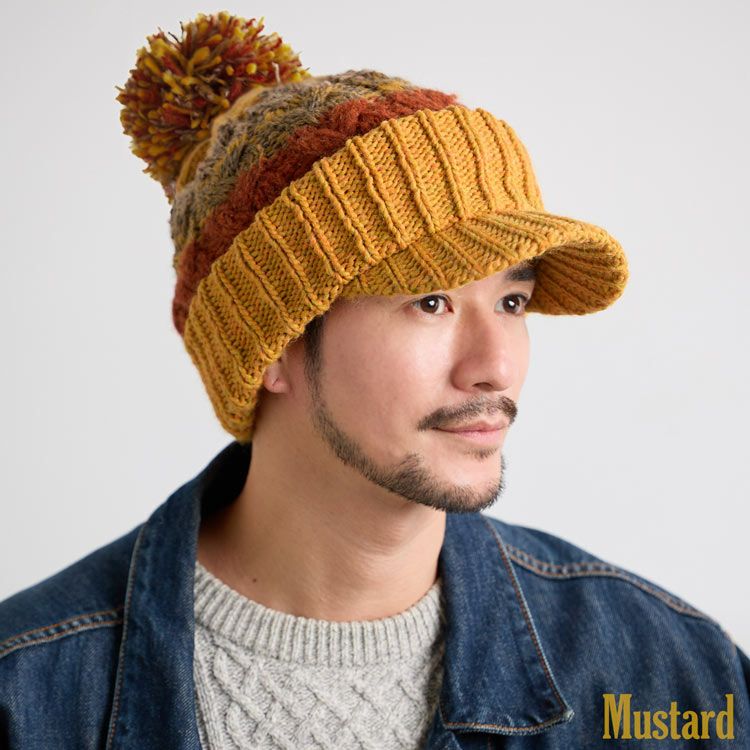 ニットキャップニット帽つば付きメンズイタリア製糸使用マスタード