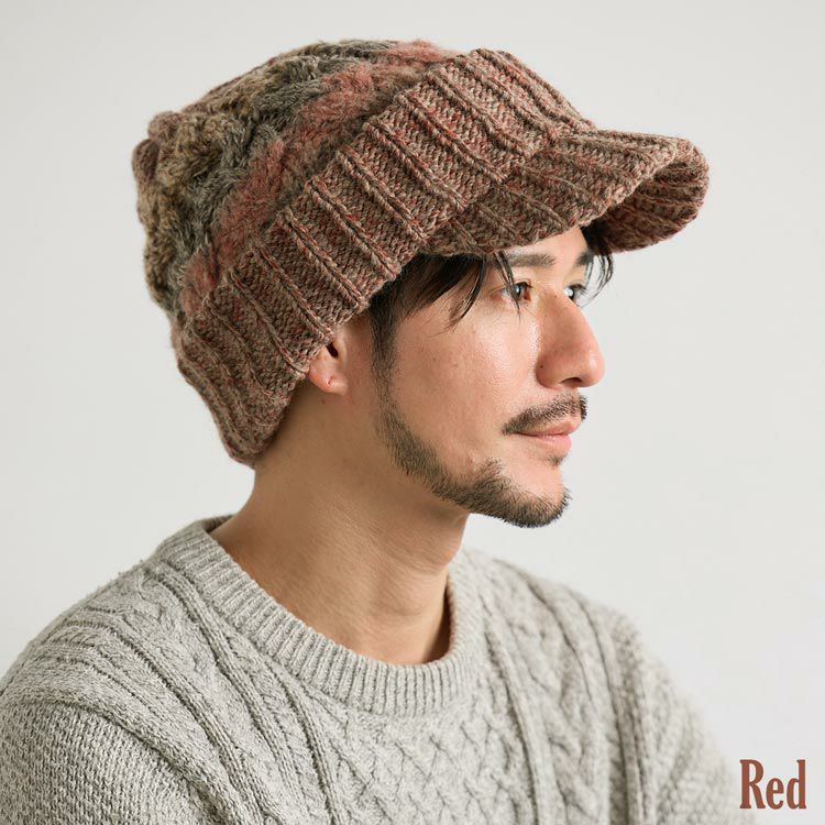 ニットキャップニット帽つば付きメンズイタリア製糸使用レッド