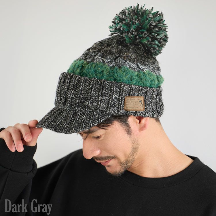 ニットキャップニット帽つば付きメンズイタリア製糸使用ダークグレー