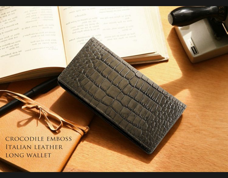 メンズ 長財布 牛革 二つ折り 束入れ クロコダイル 型押し イタリア製 4FA