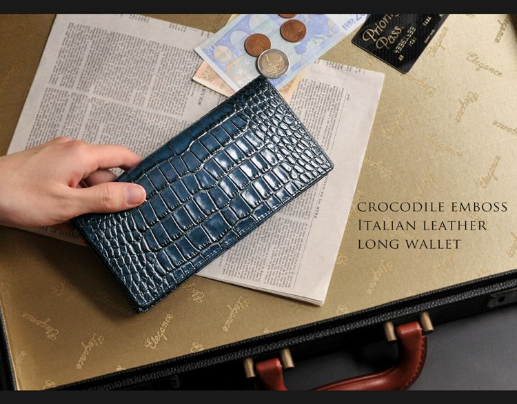 メンズ 長財布 牛革 二つ折り 束入れ クロコダイル 型押し イタリア製 メンズ 長財布 牛革 二つ折り 束入れ クロコダイル 型押し イタリア製 4FA