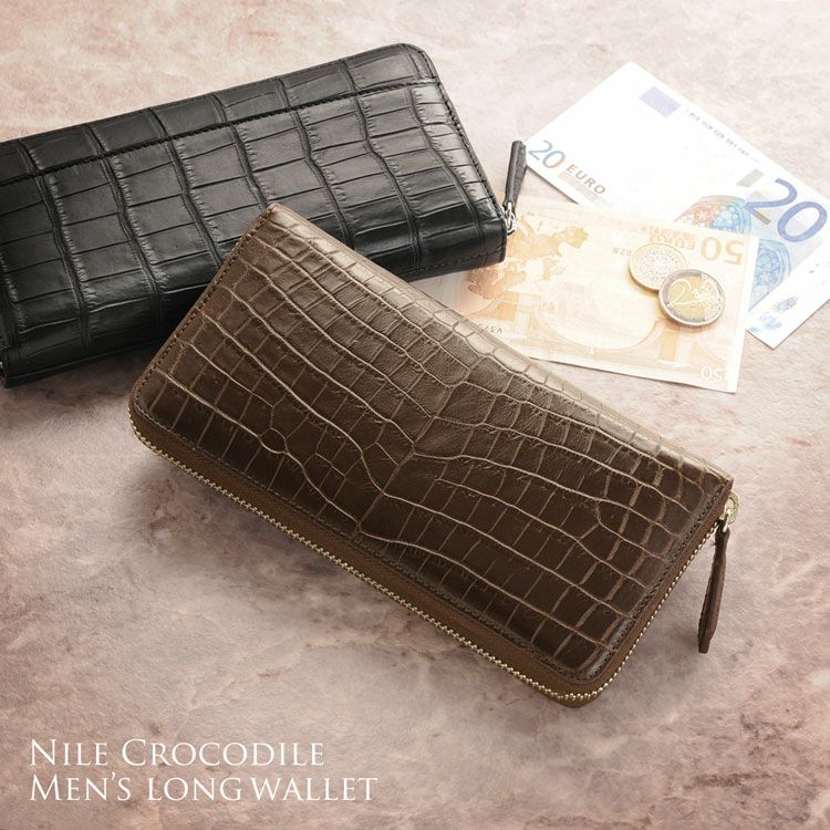 クロコダイル 長財布 マット 加工 ラウンドファスナー アウトポケット付き メンズ 全9色(No.06001039-mens-1) クロコダイル ラウンドファスナー メンズ 長財布 アウトポケット付き