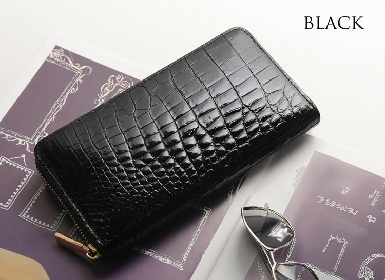 クロコダイル長財布メンズラウンドファスナーシャイニング加工ゴールドファスナー本革全6色