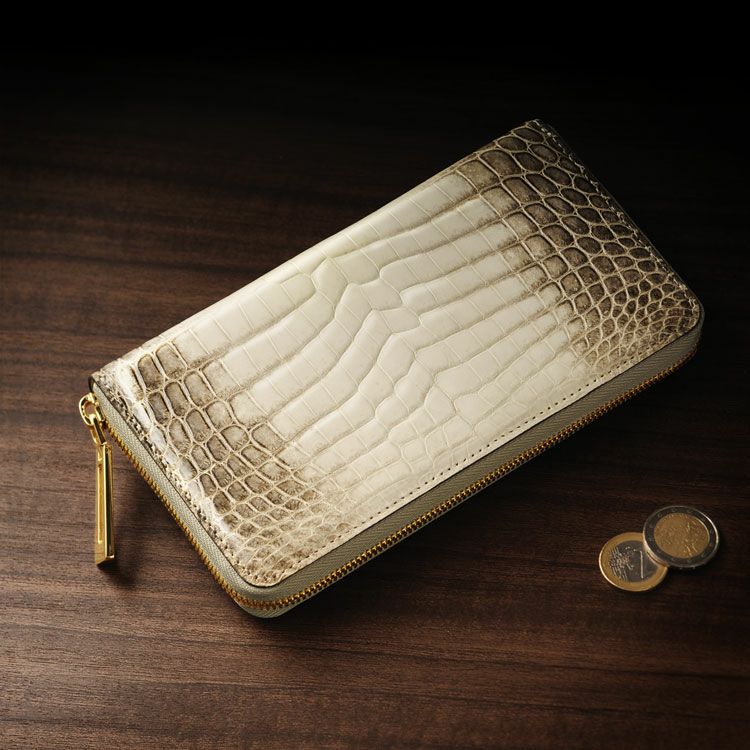 ヒマラヤクロコダイル長財布メンズシャイニング加工一枚革センター取り一枚革センター取りゴールドラウンドファスナー本革財布鰐革ホワイト(No.06001378-mens-1)