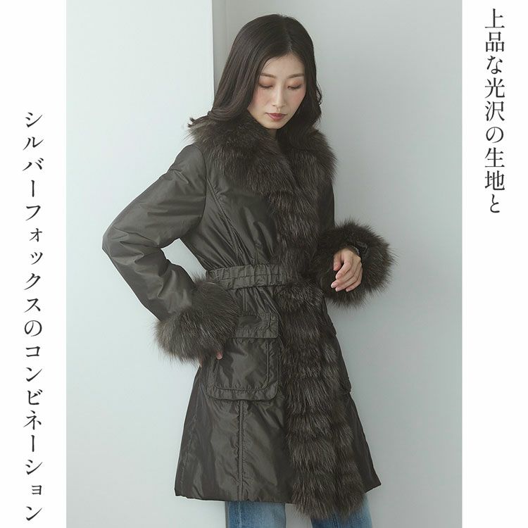ファー付きコートコートフォックストリミングベルト付きレディース中綿入りシルバーフォックス(02000073r)