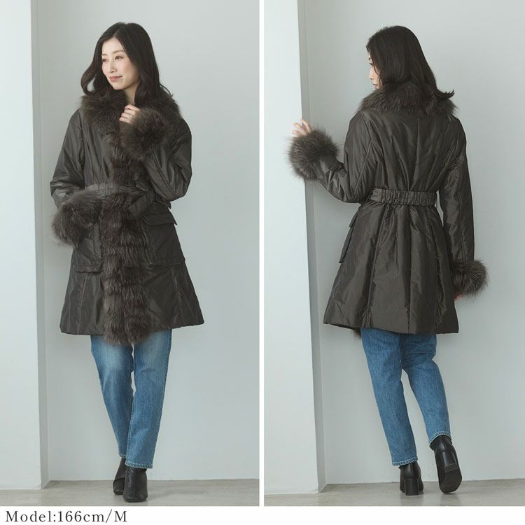 ファー付きコートコートフォックストリミングベルト付きレディース中綿入りシルバーフォックス(02000073r)