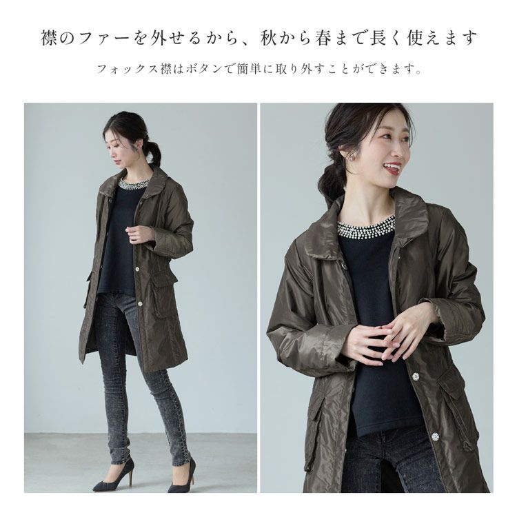 ファー付きコートコートフォックストリミングベルト付きレディース中綿入りシルバーフォックス(02000073r)