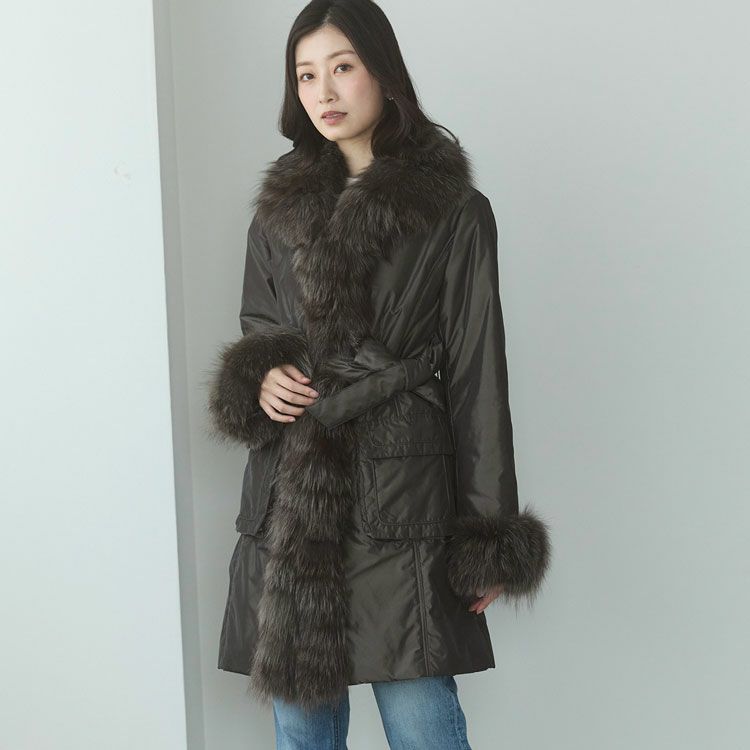ファー付きコートコートフォックストリミングベルト付きレディース中綿入りシルバーフォックス(02000073r)