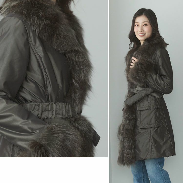 ファー付きコートコートフォックストリミングベルト付きレディース中綿入りシルバーフォックス(02000073r)