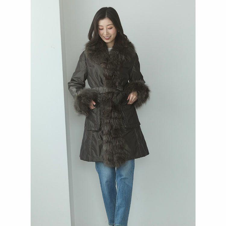 ファー付きコートコートフォックストリミングベルト付きレディース中綿入りシルバーフォックス(02000073r)