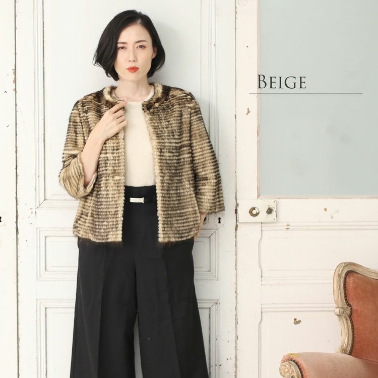 ミンク ノーカラー ジャケット 七分袖 毛皮 ファー レディース 7F