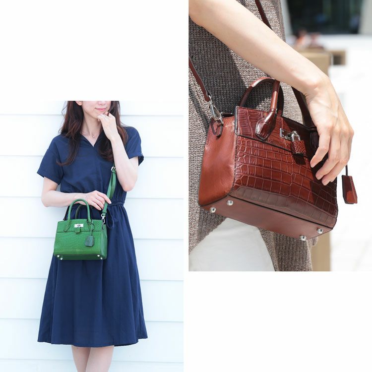 美品 1451 ハンドバッグ 2way クロコ型押し ベルトデザイン 南京錠 クロコダイル 2WAY バッグ レディース ショルダーベルト付き