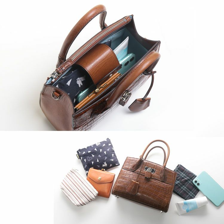 美品 1451 ハンドバッグ 2way クロコ型押し ベルトデザイン 南京錠 クロコダイル 2WAY バッグ レディース ショルダーベルト付き
