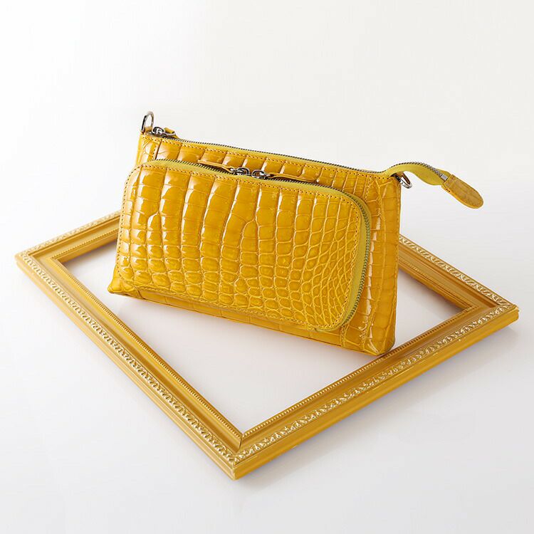 【美品】シャイニングクロコダイル　ショルダーバッグ　ポシェット　ブラック クロコダイル ショルダーバッグ 2way ミニバッグ ポシェット