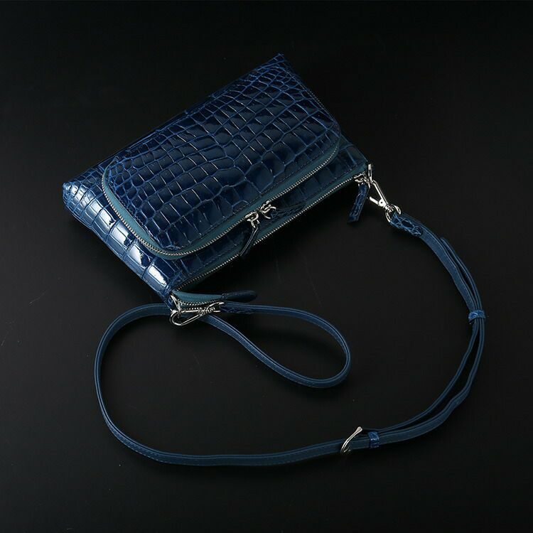 クロコダイルショルダーバッグデニムブルーレディース