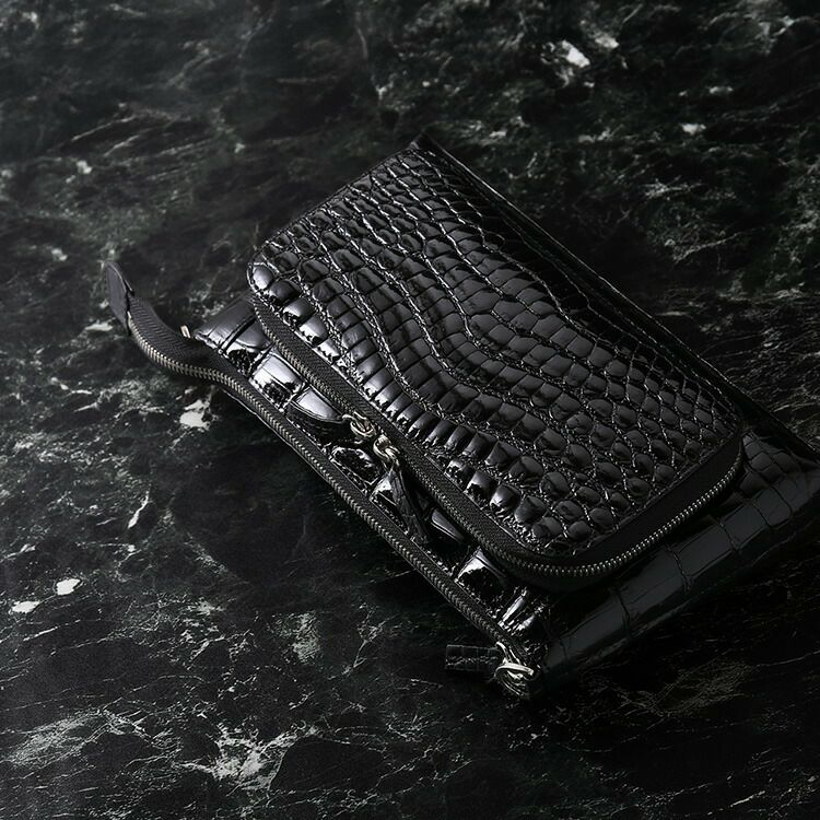 クロコダイルフォーマルバッグブラックシャイニング加工