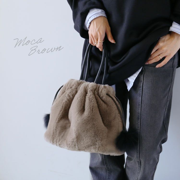 レッキスファー巾着バッグレディースフォックスファーポンポン付き(No.01000816)