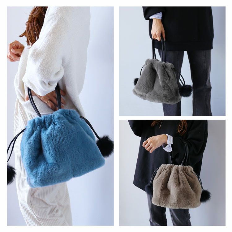 レッキスファー巾着バッグレディースフォックスファーポンポン付き(No.01000816)