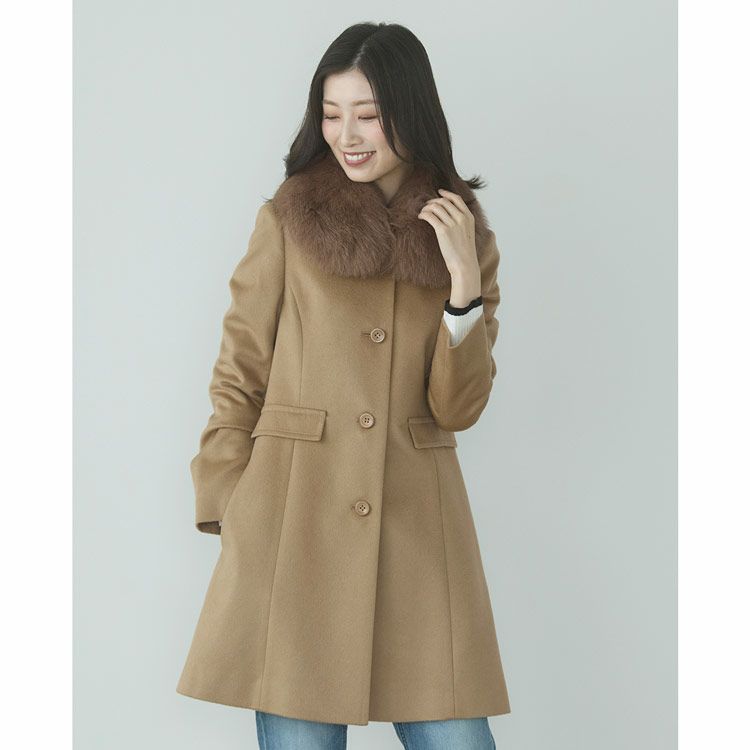 グレーカシミヤコートフォックスファー付き